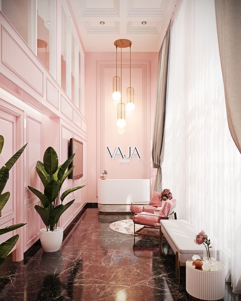 Vaja Clinic - Kayana Studio Spa Industrial Interior Design, Industrial Pink Decor, Parisian Beauty Salon, Pink Clinic Interior Design, French Salon Interior, Women Beauty Salon Interior Design, Pink And Green Spa Room, Pink Clinic Design, Classy Salon Decor