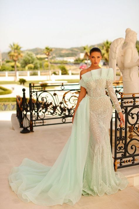 Stunning one shoulder mint dress with pearls, sequins and a side trail ,perfect for your special event Mint Green Dress Outfit Wedding, Green Dress Outfit Wedding, Mint Green Dress Outfit, Classy Long Dress, Pastel Green Dress, Dresses Glam, Pastel Gown, Pastel Color Dress, Green Dress Outfit