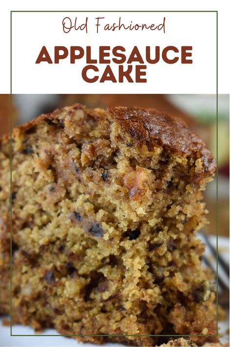 Slice of Applesauce Cake with chunks of walnuts and raisins. Applesauce Loaf Recipe, Homemade Applesauce Cake Recipes, Applesauce Cake No Eggs, Raisin Pudding Old Fashion, Applesauce Bundt Cake Easy, Healthy Applesauce Cake Recipe, Apple Cake Made With Applesauce, Dessert Made With Applesauce, Chocolate Chip Applesauce Cake