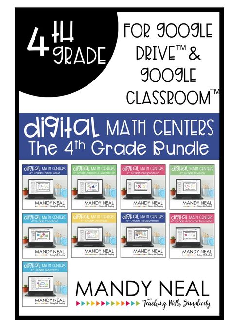 Are you looking for math resources to use with Google Classroom™? These digital math centers are made for the fourth grade classroom! The 4th grade math centers include: place value, addition and subtraction, multiplication, division, fractions, measurement, area and perimeter, and geometry. Third Grade Math Centers, Guided Math Groups, Eureka Math, Teaching Third Grade, Fifth Grade Math, Area And Perimeter, Math Groups, Fourth Grade Math, Third Grade Classroom