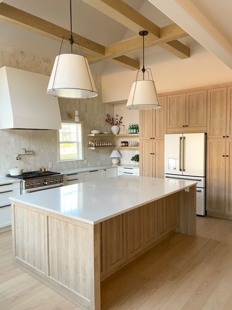 Natural Wood Island With Barstools, White Granite Wood Cabinets, Big Island With Seating, Maple Oak Kitchen Cabinets, Unpainted Wood Kitchen Cabinets, Arched Bar Design, White Maple Kitchen Cabinets, Ikea Kitchen 2023, White And Wood Kitchen Modern