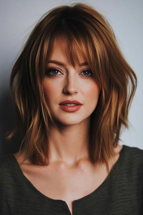 mediumlength hairstyles, occasion hairstyles, gorgeous hairstyles Shoulder Length With Wispy Bangs, Medium Length Haircut With Side Bangs, Shoulder Length Hair With Wispy Bangs, Haircut For Square Face Shape, Shoulder Length Bob Haircut, Light Bangs, Hair Movement, Haircut For Square Face, Soft Bangs