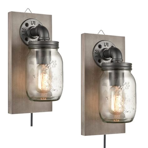 Industrial Farmhouse Decor, Plug In Wall Lights, Rustic Mason Jars, Wood Plate, Pipe Lamp, Wall Sconces Bedroom, Mason Jar Lighting, Jar Lights, Modern Wall Sconces