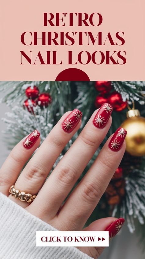 Christmas Accent Nail Designs, Fun Holiday Nail Designs, Glittery Red Christmas Nails, Christmas Star Nail Art, Christmas Dip Nail Ideas Red, Christmas Star Nails, Vintage Christmas Nails, Retro Christmas Nails, Classic Christmas Nails