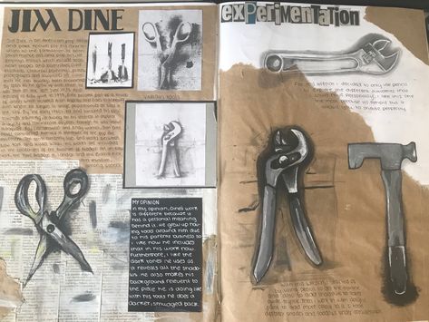 Gcse Art Observation Page, Jim Dine Gcse Sketchbook, Gcse Art Objects Title Page, Artist Reaserch Page A Level, Jim Dine Artist Research Page, Artist Reaserch Pages, Objects Art Gcse, Containment Art, Gcse Art Artist Research Page