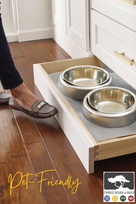 For those looking to take the extra step of making their home pet-friendly, add a dog shower to your mudroom or bathroom! There are also many great additions to cabinets such as adding a dog food and water bowl that can easily be pulled out or put away in your kitchen. We can help with any of your cabinet needs, including custom cabinets. Built In Dog Bowl Drawer, Dog Bowl Cabinet, Dog Eating Station Ideas, Dish Drawers, Dog Station, Dog Bowl Holder, Custom Dog Bowls, Mudroom Cabinets, Dog Feeding Station