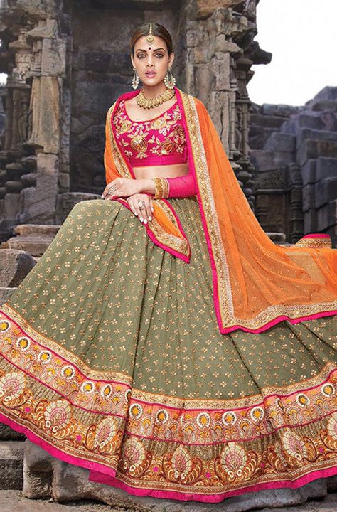 Lehenga Color Combinations, Pink Combination, Orange Lehenga, Choli Dress, Georgette Lehenga, Wedding Lehenga Designs, Lehnga Dress, Bridal Lehenga Collection, Lehenga Blouse Designs