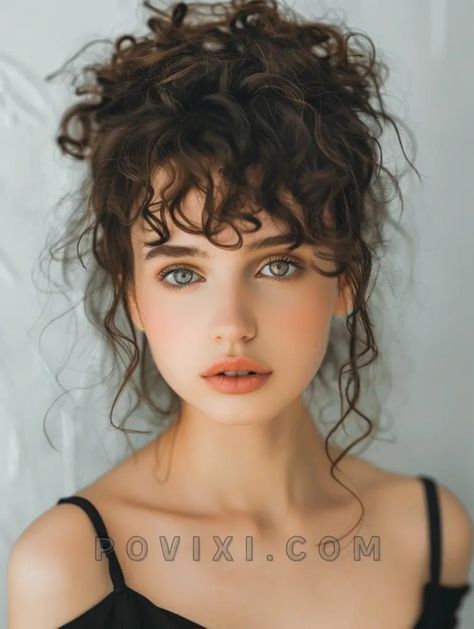 Explore 36 Wispy Bangs Hairstyle Ideas Featuring Styles for Long Short and Mid Length Hair Curly Hair Updo Bangs, Curly Updo Bangs, Curly Hair With Bangs Updo, Curly Bangs Updo, Curly Updo With Bangs, Wispy Curly Bangs, Formal Hairstyles With Bangs, Different Bangs Styles, Curly Hair Bangs Hairstyles