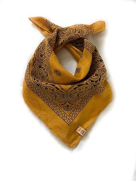 Cute Dog Bandanas, Bandana Around Neck, Tie A Bandana, Cowboy Bandana, Marigold Color, Teddy Girl, Bandana Neck, Raw Leather, Leather Tag