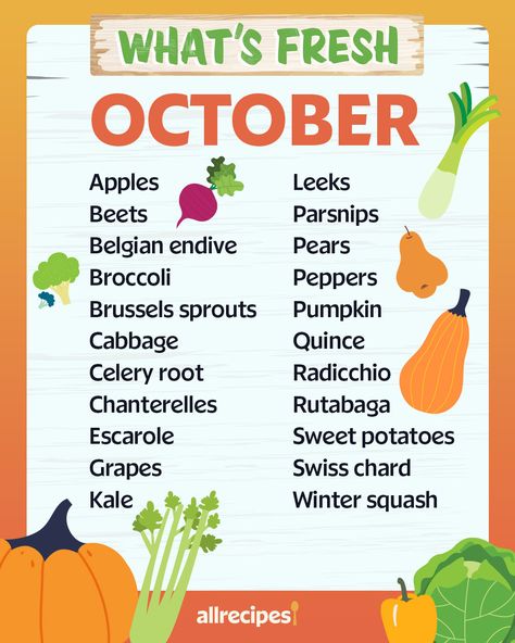 October Produce Guide: What's In Season Now? October Vegetables In Season, Fall In Season Produce, Seasonal Eating October, October Seasonal Produce, Chanterelle Mushroom Recipes, Radicchio Recipes, Escarole Recipes, Seasonal Produce Guide, Endive Recipes