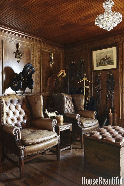 Midwest Estate's Stable Now Multitasks - Annie Brahler-Smith Transforms Horse Barn Horse Decor Living Room, Tack Rooms, Leather Wing Chair, Equestrian Chic, Custom Dining Tables, Equestrian Decor, Hunting Lodge, Tack Room, Horse Decor