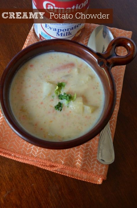 I have to confess something: I never liked potato soups! They were either too watery, not enough potatoes or too much cream. But the following potato soup recipe is THE best potato chowder recipe I have ever tasted (and it’s not because I made it). It has the perfect ingredients,… Carnation Milk Recipes, Classic Potato Soup Recipe, Old Fashioned Potato Soup, Potato Chowder Recipes, Creamy Potato Soup Recipe, Carnation Milk, Evaporated Milk Recipes, Homemade Potato Soup, Best Potato Soup