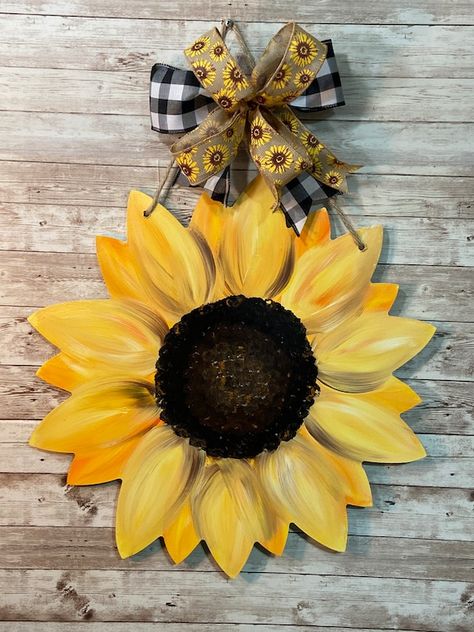 Front Door Decor Summer, Sunflower Door Hanger, Sunflower Door, Summer Door Hanger, Wooden Door Signs, Front Porch Signs, Sunflower Decor, Sunflower Wreaths, Yellow Sunflower