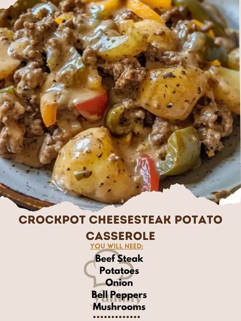 Savor the Crockpot Cheesesteak Potato Casserole! 🥩🥔 Hearty, cheesy, and effortlessly delicious. #CrockpotCuisine #CheesesteakCasserole Crockpot Cheesesteak Potato Casserole Recipe 🍲✨ Ingredients: Thinly Sliced Beef Steak (500g): 500g Potatoes (thinly sliced, 800g): 800g Onion (sliced, 200g): 200g Bell Peppers (sliced, 200g): 200g Mushrooms (sliced, 150g): 150g Beef Broth (240ml): 240g Worcestershire Sauce (1 tbsp): 15ml Garlic (minced, 2 cloves): 10g Salt and Pepper (to taste): Provolone Che... Cheesesteak Potato Casserole, Crockpot Cheesesteak, Layer Potatoes, Ground Beef Crockpot Recipes, Cheese Melt, Crockpot Steak, Sliced Onion, Layered Potato, Steak Potatoes