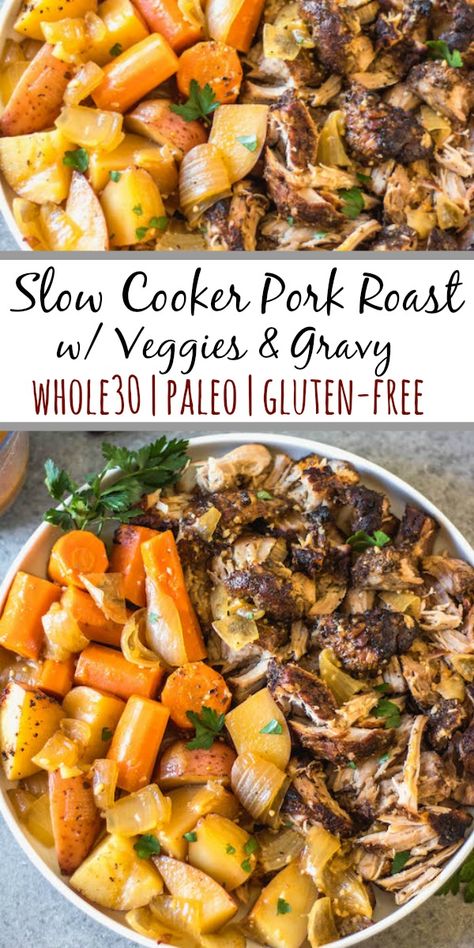 This easy and tender pork roast only takes a few ingredients and lets the slow cooker do the work for you! It's a healthy family friendly recipe for dinner or meal prep, and is Whole30, paleo and gluten-free. The delicious vegetables, plus the gravy, are all made in right in the crock pot with the pork shoulder, so this hearty and comforting dinner is completely ready when you are! #whole30recipes #whole30slowcooker #whole30pork #paleo #slowcookerpork #glutenfree #winterrecipes #porkrecipes Pork Roast Crock Pot Recipes, Pork Crockpot, Crockpot Pork Roast, Slow Cooker Pork Roast, Pot Roast Crock Pot Recipes, Pork Shoulder Recipes, Roast Vegetables, Paleo Pork, Healthy Pork