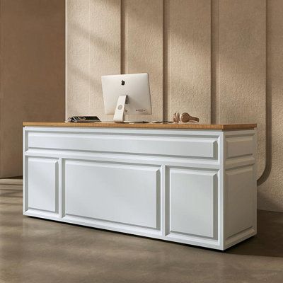 The minimalist creative reception desk can be adapted to a variety of environments Size: 39.37" H x 94.48" W x 23.62" D | Red Barrel Studio® 2 - Person Rectangular Laminate Reception Desk Laminate in Brown / White, Size 39.37 H x 94.48 W x 23.62 D in | Wayfair 2 Person Reception Desk, Laminate Reception Desk, White Reception Desk, Front Table, Court Room, Desk Idea, Cash Counter, Clinic Interior, Reception Desk Design