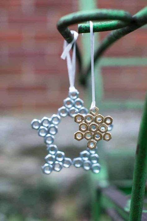 3 Hardware Store DIY Ornaments - Hello Nest Diy Christmas Ornaments Easy, Hardware Jewelry, Diy Christmas Ornament, Diy Ornaments, Hex Nut, Metal Christmas, Easy Christmas Diy, Christmas Ornaments Homemade, Christmas Ornament Crafts