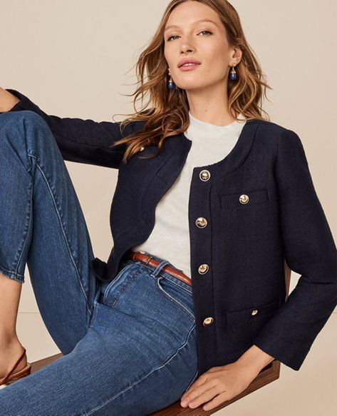 Olivia's Picks | Ann Taylor Navy Tweed Jacket Outfit, Tweed Blazer Outfit Women, Navy Jacket Outfit, Ann Taylor Outfit, Cropped Jacket Outfit, Tweed Jacket Outfit, Blue Tweed Jacket, Blazer Outfits Casual, Blazer Outfits For Women