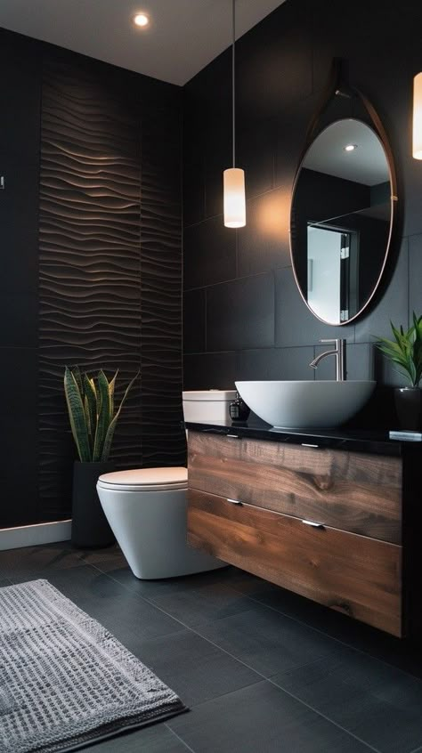 Dark Bathroom Design Ideas, Dark Style Bathroom, Bathroom Interior Dark, Dark Washroom, Dark Guest Bathroom, Bathroom Black Sink, Modern Dark Bathroom, Barndo Bathroom, Small Dark Bathroom Ideas