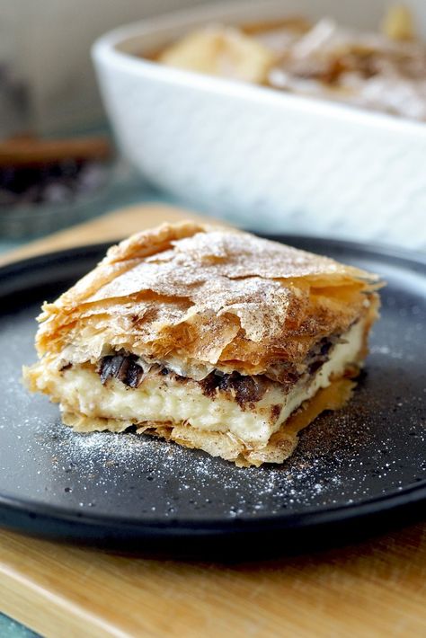 Chocolate Bougatsa — Antoniou Fillo Pastry Fillo Pastry Recipes, Pastry Dessert Recipes, Bougatsa Recipe, Kataifi Pastry, Filo Pastry Recipes, Phyllo Dough Recipes, Phyllo Recipes, Filo Pastry, Greek Desserts