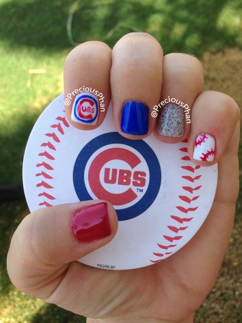 Chicago Cubs, baseball fan, nails Chicago Cubs Nails, Cubs Nails, Baseball Nails, Sports Nails, Chicago Cubs Baseball, Cubs Baseball, Star Nails, Nail Polish Designs, Stick On Nails