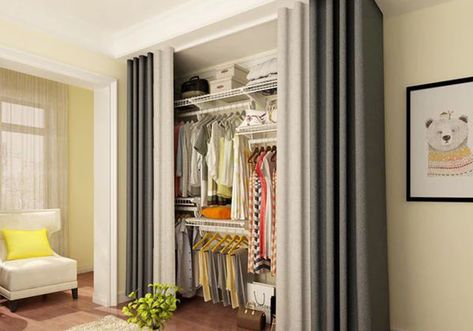 Closet Without Doors Ideas Bedrooms, Curtains To Cover Closet, Ideas For Closets Without Doors, Cover Closet Without Doors, Doorless Closet, Closets Without Doors Ideas, Closet Without Doors, Replacing Closet Doors, Exposed Closet