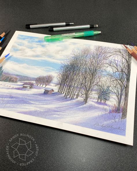 How To Color Snow With Colored Pencils, How To Draw Snow, Drawing Landscapes, Save Photos, Snow Illustration, Winter Drawings, Sandy Allnock, Big Trees, Pastel Clouds