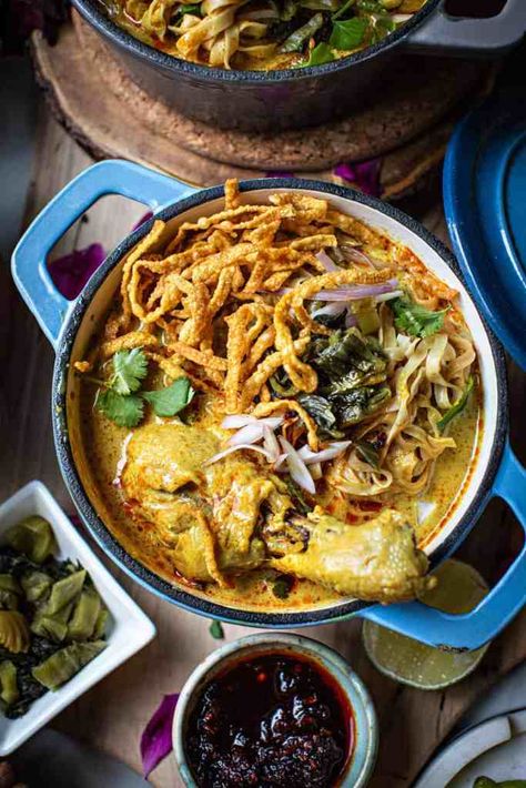 Khao Soi Curry Chiang Mai Noodles – NorthEast Nosh Recipes Kao Soi, Fresh Egg Noodles, Pickled Mustard Greens, Crispy Noodles, Khao Soi, Soft Egg, Thai Noodles, Curry Noodles, Thailand Food