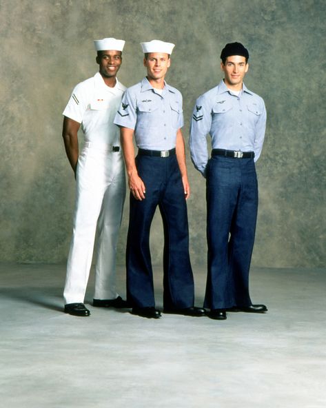 Right, Enlisted Dungaree uniform with Knit Watch Cap for men. Center, Enlisted Short Sleeve Dungaree uniform with White Hat for men. Left, Summer White uniform enlisted men - PICRYL Public Domain Image Sailor Uniform Men, Maternity Dungarees, Men's Uniform, White Uniform, Navy Uniform, Sailor Uniform, Navy Life, Navy Uniforms, Navy Sailor