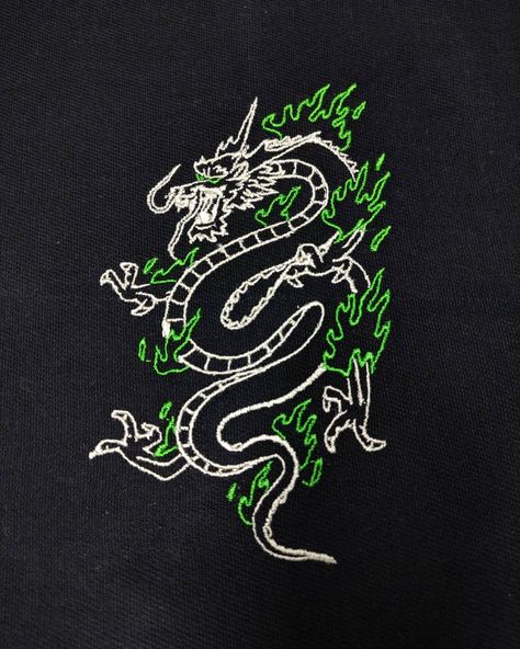 Dragon Embroidery Pattern, Chinese Dragon Embroidery, Fire Embroidery, Converse Embroidery, Embroidery Green, Small Dragon Tattoos, Small Dragon, Fire Magic, Dragon Embroidery