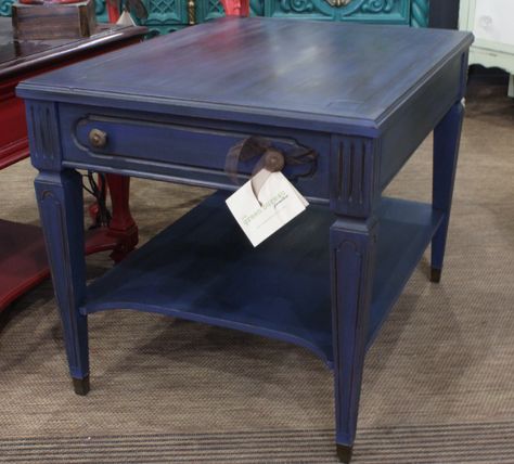 Vintage Mersman end table with drawer, painted navy blue, distressed, and finished with dark wax. Love how this one turned out—classic and sophisticated with a bit of an edge. Repainted Desk, Navy Bed, White Family Rooms, Vintage End Table, Countryside Kitchen, End Table With Drawer, Furniture Colors, Country Cottage Kitchen, End Tables With Drawers