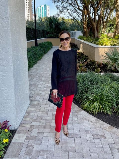 I love to add color to my wardrobe. I have had this pair of red pants now for a few seasons and have quite enjoyed the different ways I can style them. Yes, a great fitting pair of red pants can be worn endlessly. Have you ever wondered, What to Wear with Red Pants? Read on for a little inspiration. #style #wear #red #fashion #over50 #outfit #ideas What To Wear With Red Trousers, Red Pants Holiday Outfit, How To Wear Red Pants, Red Pants Outfit Casual, Red Slacks Outfit, What To Wear With Red Pants, Red Pants Outfit Winter, How To Style Red Pants, Outfits With Red Pants