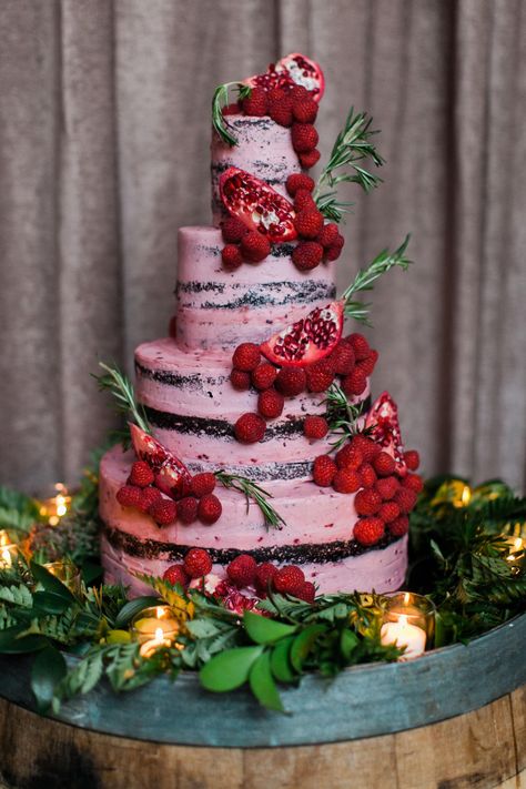 Wedding cake, four tiers, strawberry, pomegranate, naked chocolate cake // Tim Ryan Smith Photography Naked Chocolate Cake, Pomegranate Cake, Pomegranate Wedding, Strawberry Crafts, Disney Wedding Cake, Disney Princess Cake, Brooklyn Style, Cake Photography, Cool Wedding Cakes