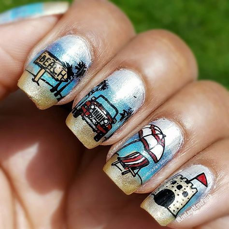 Shivanthi🧞‍♀️ on Instagram: “Y'all... this could be my favorite beach mani of all time! I absolutely LOVE this month's beach themed  @manixmebox ! Swipe left 👈🏾 to see…” Christmas Beach Vacation Nails, Beach Scene Nails, Beach Nail Designs, Beach Nails, Nail Stamping, Beach Themes, Class Ring, Pretty Nails, All About Time