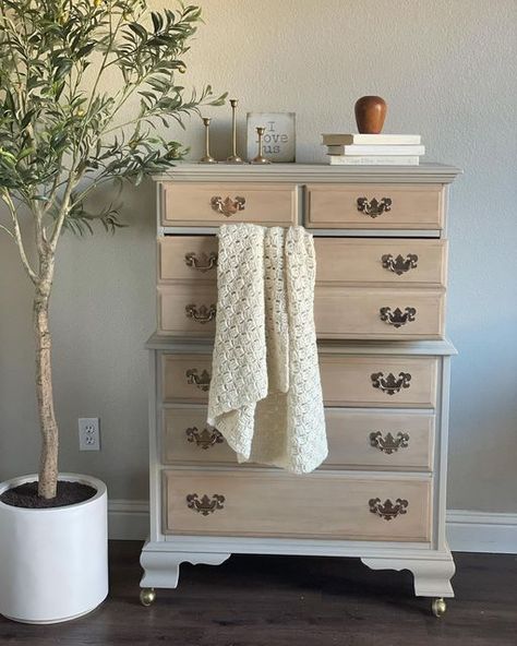 Tall Dresser Refurbish, Refinished Tall Dresser, Tall Dresser Repurpose, Tall Dresser Makeover Diy Repurposing, Dresser Decor Bedroom Ideas, Dresser Renovation, Tall Dresser Makeover, Wood Dressers Makeover, Dresser Minimalist