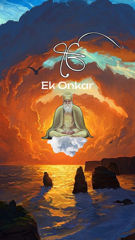 Ek Onkar- Empathises the belief in a single, all-encompassing, eternal God. This belief serves as a foundation for the Sikh faith and worldview, guiding all believers in their spiritual and daily lives. Sikhism Beliefs, Ek Onkar, Guru Nanak Dev Ji, Nanak Dev Ji, Dev Ji, Guru Nanak, Gods And Goddesses, Meditation, Foundation