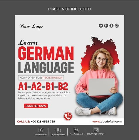 Learn german language | Premium Vector #Freepik #vector #study #germany #german #study-abroad-poster Study Poster Design, Learn German Language, Study German, German Study, Learn Language, Learning Poster, Photoshop Design Ideas, School Interior, Email Newsletter Design