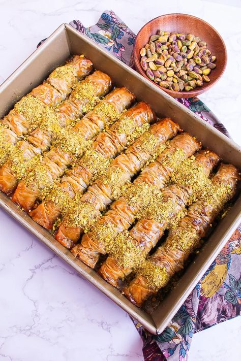 Pistachio Baklava Rolls - Maral in the Kitchen Turkish Rolls Recipe, Pistachio Baklava Recipe, Baklava Rolls, Honey Baklava, Moroccan Desserts, Phyllo Recipes, Pistachio Baklava, Turkish Baklava, Sweet Savory Recipes