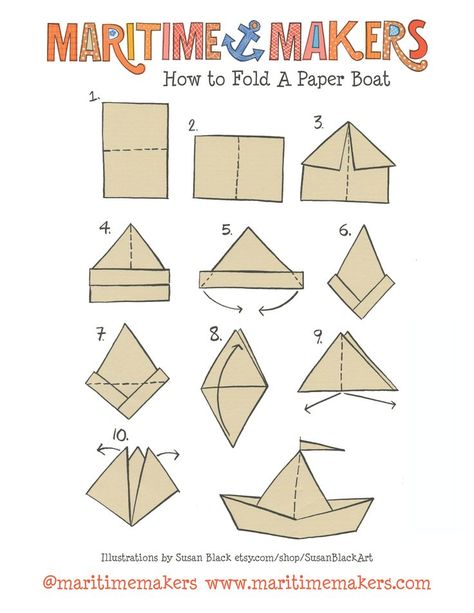 Maritime Makers, How to Fold a Paper Boat printable instructions by Susan Black Design Paper Boat Hats, Paper Sailboats How To Make, How To Fold A Paper Boat, Paper Boat How To Make, Paper Boat Folding, Paper Sailboats, Origami Boat Instructions, Boat Printable, Origami Sailboat