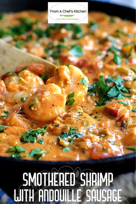 Shrimp And Grits Sausage, Shrimp And Andouille Sausage Gumbo, Shrimp And Sausage Stew, Cajun Winter Recipes, Smothered Catfish New Orleans, Roux For Shrimp And Grits, Shrimp And Andouille Sausage Pasta, Shrimp Andouille Sausage Recipes, Andouille Sausage And Shrimp Recipes