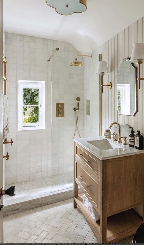 No Demo Reno Bedroom Office, Bathroom Tile Cottage, Small Bathroom Ideas Stand Up, Studio Mcgee Small Bathroom, Gwyneth Paltrow Bathroom, Tan Wall Bathroom, Shiplap Bathroom Paint Colors, Modern Craftsman Bathroom Ideas, Natural Guest Bathroom