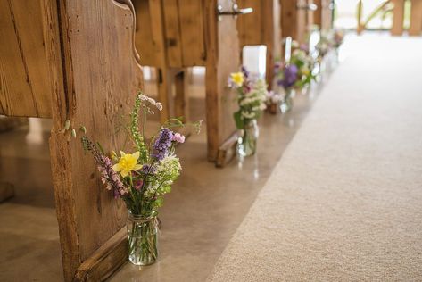 Aisle Flowers Decor Pew End Cairns Farm Estate Wedding Kalisterscope Photography #wedding #weddingflowers Floor Flower Arrangements Wedding, Small Church Wedding Decorations, Wedding Pew Ends, Pew Ends Wedding, Wedding Aisle Flowers, Church Pew Decorations, Small Church Weddings, Wild Flower Wedding, Farm Estate