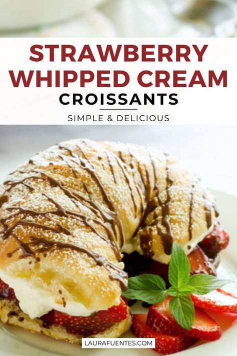 A croissant drizzled with chocolate sauce, stuffed with whipped cream and strawberries. Strawberry Cloud Cake Recipe, Filled Croissant Recipe, Croissant Strawberry, Filled Croissant, Filled Croissants, Strawberries And Whipped Cream, Paris Bakery, Royal Tea Parties, Cheese Croissant