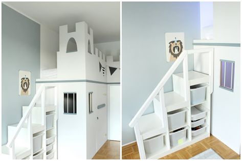 IKEA Hack Hochbett selberbauen Treppe Stuva Ritterburg Ritterbett Kinderzimmer Gefängnis Jules kleines Freudenhaus Ikea Bed Hack, Castle Rooms, Baby Nursery Design, Ikea Kura Bed, Murphy Bed Ikea, Hack Ikea, Small Kids Room, Kura Bed, Ikea Kura