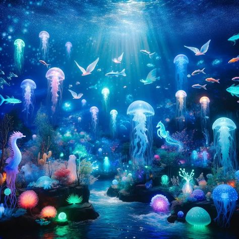 🌊✨ Dive into the Enchanted Ocean ✨🌊 Immerse yourself in the mystical depths of our enchanted ocean. Glowing bioluminescent plants and corals light the way as magical sea creatures like shimmering jellyfish, iridescent fish, and glowing seahorses swim gracefully. This serene and fantastical underwater world is a testament to the beauty and wonder that lies beneath the waves. Let your imagination swim free and explore the vibrant marine life that calls this magical ocean home. 🌌🐠🦄 #Enchanted... Glowing Sea Creatures, Deep Sea Bioluminescence, Bioluminescent Coral, Bioluminescence Creatures, Bioluminescent Ocean, Bioluminescent Plants, Enchanted Ocean, Glowing Ocean, Iridescent Fish