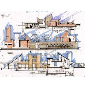 This drawing shows that simply adding marker to visualise the sky can add lots of depth to the drawing. Section Sketch, Arch Sketch, Conceptual Sketches, Architectural Sketches, Building Sketch, Architect Drawing, Architecture Graphics, Architectural Section, Ground Level