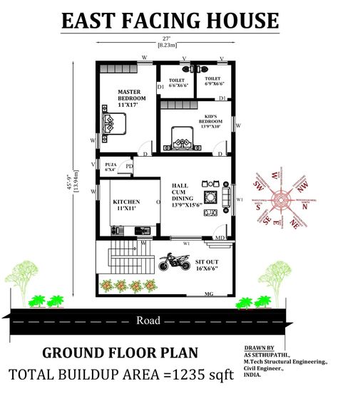 27'X45'9" East facing 2bhk house plan as per Vastu Shastra. Download Autocad DWG and PDF file. - Cadbull East Facing Vastu House Plan, 27×45 House Plan, 20x30 House Plans East Facing, East Facing House Elevation G+1, East Facing House Plan Vastu, 20×30 House Plan, Mini House Plans, One Floor House Plans, Yellow Dresser