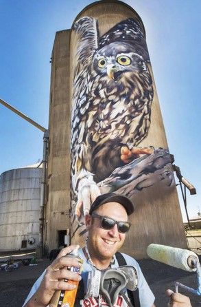 36°24'43.1"S 145°55'24.1"E Painted Silos, Owl Mural, Silo Art, Street Murals, Wall Street Art, Water Towers, Street Wall Art, Street Mural, Barn Art