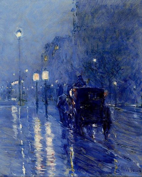 Childe Hassam (1859–1935): Rainy Midnight, late 1890s, oil on canvas, 54 x 46.4 cm (21 1/4 x 18 1/4 in.), The Museum of Fine Arts, Houston… Rainy Midnight, Childe Hassam, Impressionism, The Rain, Blue, Art