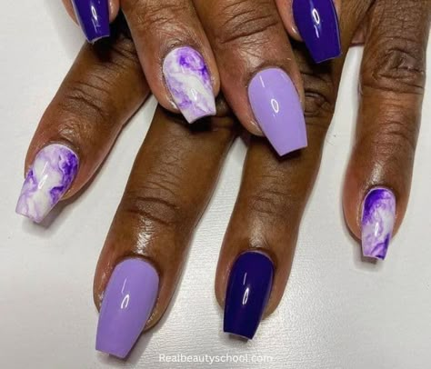 Cute Nails For School, Purple Nails Short, Coffin Style Nails, Cute Manicures, Mexico Nails, Lilac Nails Design, Purple Nail Ideas, Marble Nail Design, Blue Prom Nails